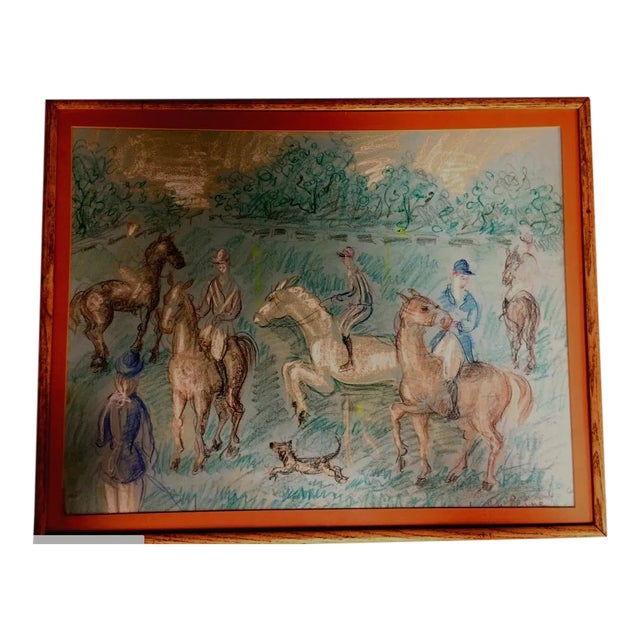 1950s Vintage French Hunting Scene Drawing For Sale