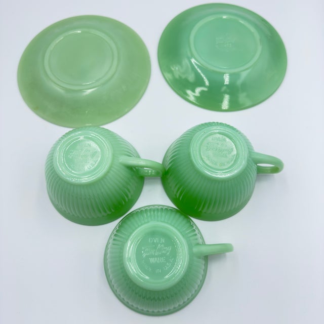 Green 1940s Fire King Coffee Tea Cup & Saucer Jane Ray JadeIte by Anchor Hocking 5pc Set For Sale - Image 8 of 9