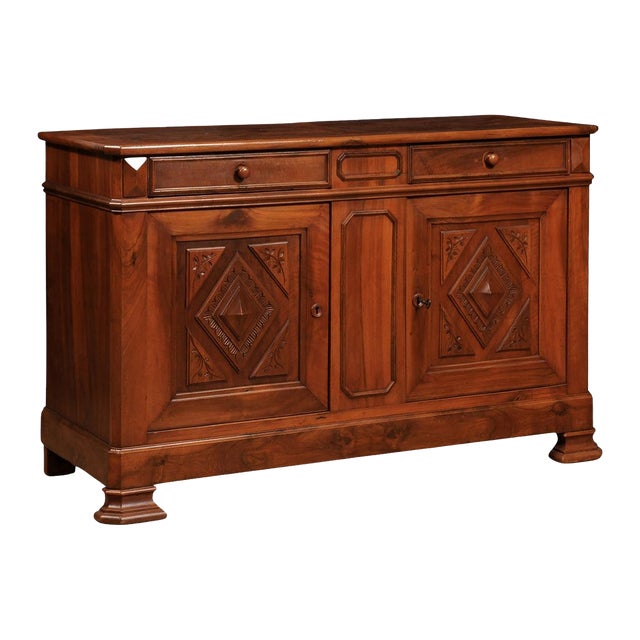 Italian 19th Century Walnut Buffet with Carved Diamond and Floral Motifs For Sale