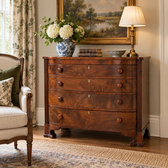 Early 19th-century American Empire bow-front chest of drawers, circa 1830, with richly figured mahogany veneer, four...
