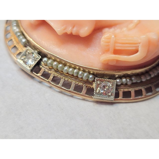 Antique Carved Coral Gold Cameo With Pearl and Diamonds For Sale - Image 9 of 9