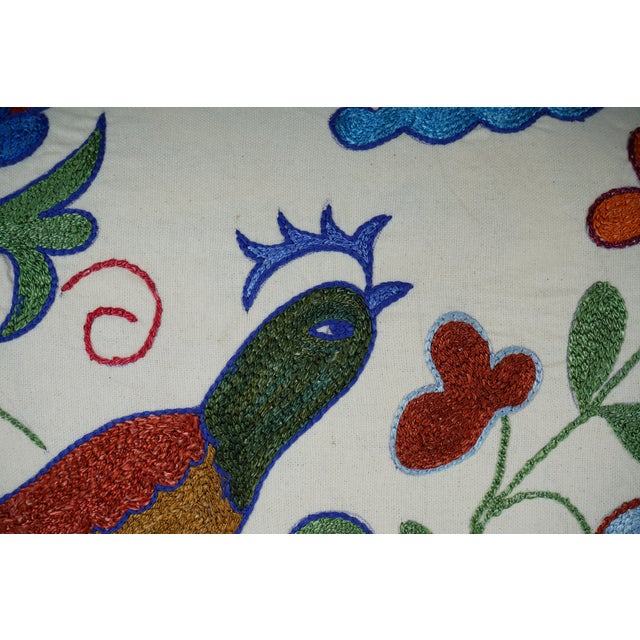 Hand Embroidery Pictorial Bird Suzani Pillow Cover For Sale - Image 4 of 5