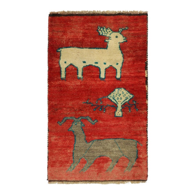 Vintage Gabbeh Tribal Rug in Red With Beige-Brown Animal Pictorials For Sale