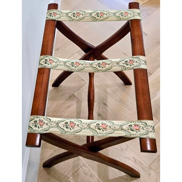 1960s Vintage Scheibe Folding Wooden Luggage Rack With Floral Tapestry Straps For Sale - Image 5 of 8