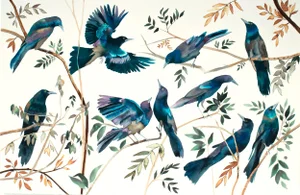 "Grackles" - Original Birds on Branches Watercolor Ink Painting by Elizabeth Becker