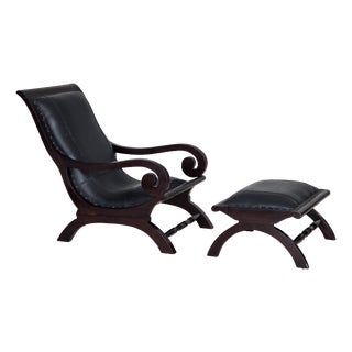 Set of Vintage Armchair and Ottoman in Black Leather, 1970s For Sale