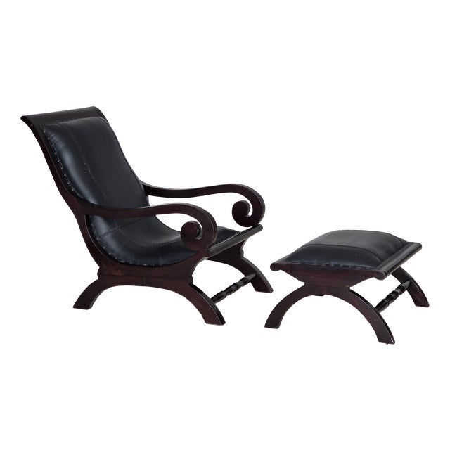 Set of Vintage Armchair and Ottoman in Black Leather, 1970s For Sale