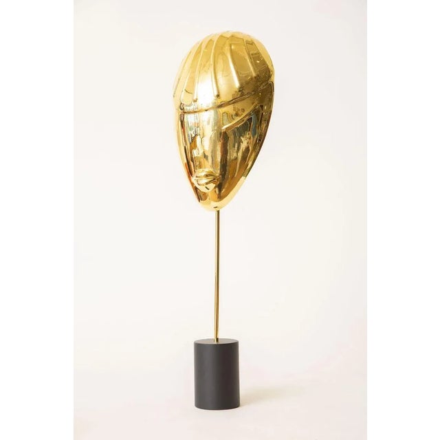 Modern Vintage Hagenhauer Style Brass Face Mask Sculpture on Black Metal Base, 1970's For Sale - Image 3 of 7
