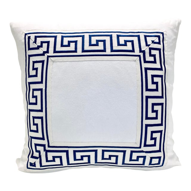 Contemporary Square Custom Made White With Navy Greek Key Trim Pillow