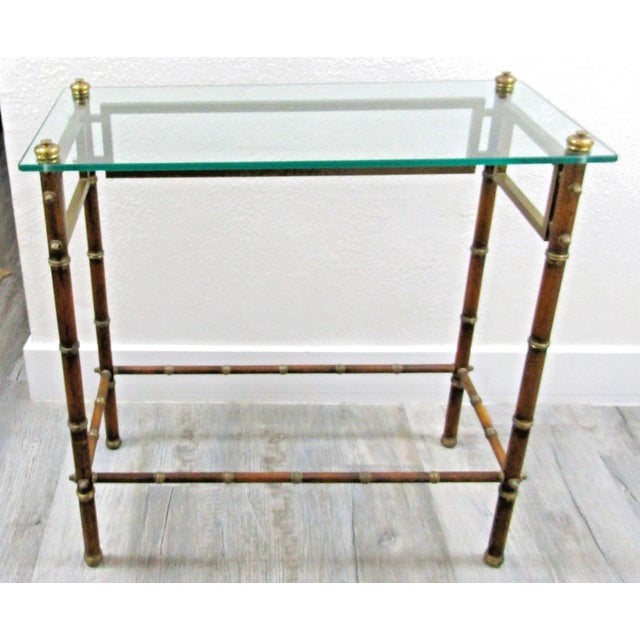 Wood Mid-Century French Glass Top Faux Bamboo Wood and Brass Side Table Attributed to Maison Baguès For Sale - Image 7 of 18