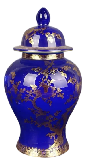 Chinese Vintage Ceramic Pot,Qing Dynasty Qianlong Marked Blue Ground Gold Painting Porcelain Ginger Jar Hand Painted Flowers Pattern