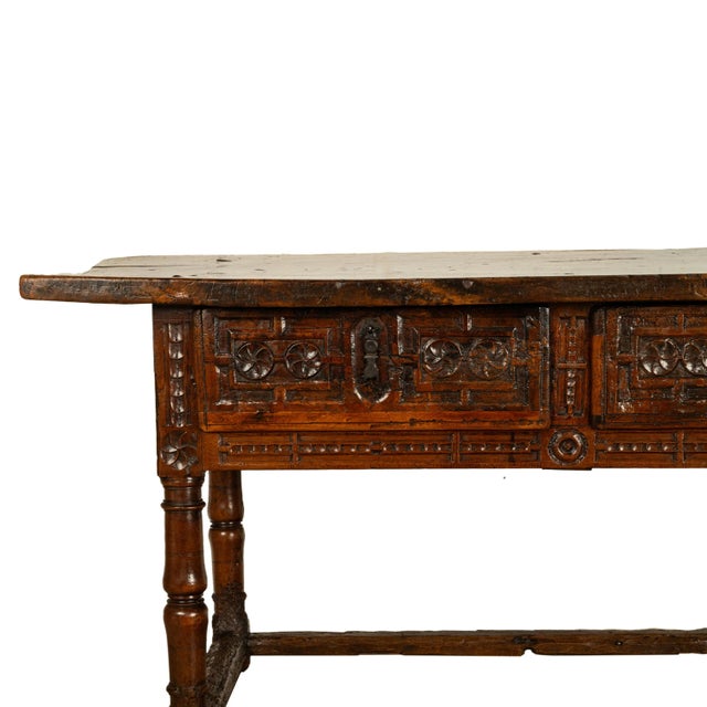 Antique Late 16th Century Spanish Baroque Carved Walnut Refectory Console Table Desk 1580 For Sale - Image 12 of 12