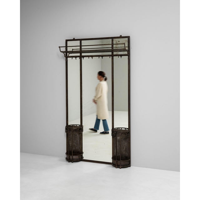 1910s French Wrought Iron Mirror With Coat Rack & Stand For Sale - Image 4 of 18