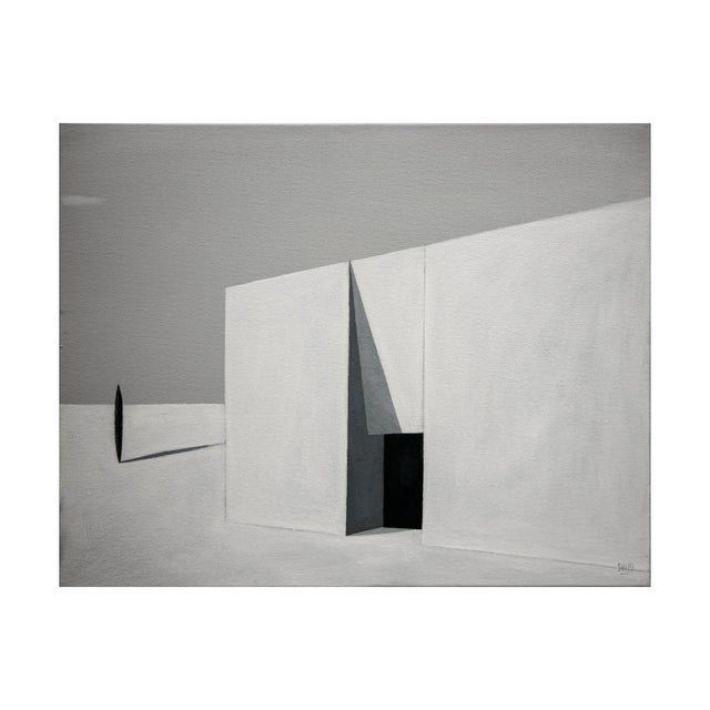 Scott Woodard "Oasis" Gray and Black Abstract Surrealist Architectural Landscape Painting, 2019 For Sale - Image 4 of 11
