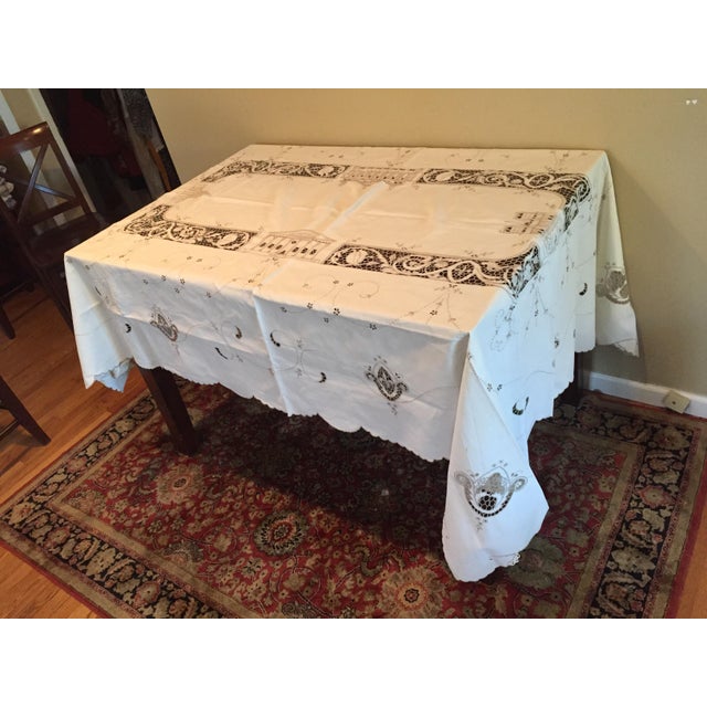 Ecru Italian Linen Original Tablecloth With Embroidered Designs For Sale - Image 8 of 11