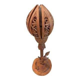 Vintage Hand-Carved Wooden Lotus Flower Lamp | Balinese / Indonesian Sculptural Table Lamp For Sale