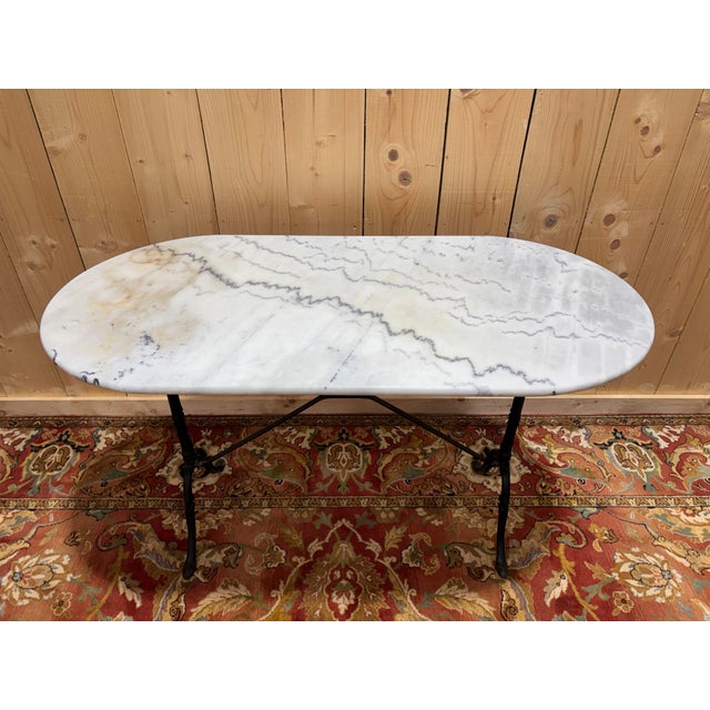 Oval Bistro Table with Marble Top and Cast Iron Base, 1925 For Sale - Image 3 of 7
