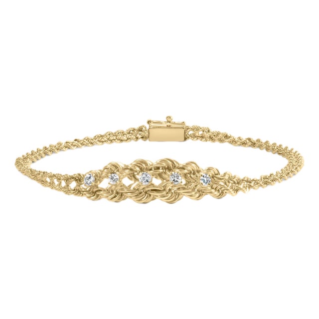 10K Yellow Gold 1/4 Cttw Round-Cut Diamond Basket Weave Rope Chain Style 7" Bracelet For Sale