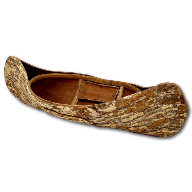 Native American Excellent Large Size Antique Hand Made Maine Indian Tree Bark Canoe Model - 22 Inches Long For Sale - Image 3 of 18