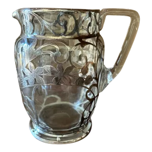 1920s Art Nouveau Sterling Silver Overlay Glass Pitcher, Engraved