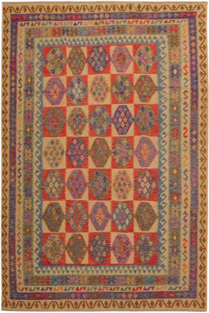 Abstract Tribal Ivory/Blue Hand-Woven Kilim Wool Rug -8'1 X 11'3