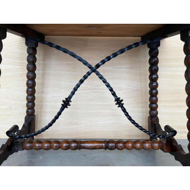 19th Spanish Sturdy Side Table with Carved Turned Legs and Double Stretcher For Sale - Image 11 of 18