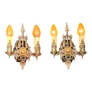 Vintage 1930s Art Deco Cast Bronze Double Wall Sconce, Restored Pair Original Finish Rewired Light Fixture Ready to Install Home Decor For Sale