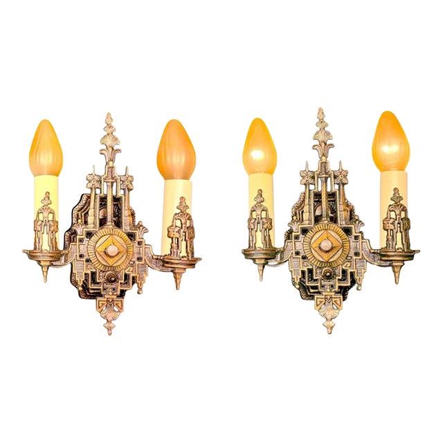 Vintage 1930s Art Deco Cast Bronze Double Wall Sconce, Restored Pair Original Finish Rewired Light Fixture Ready to Install Home Decor For Sale