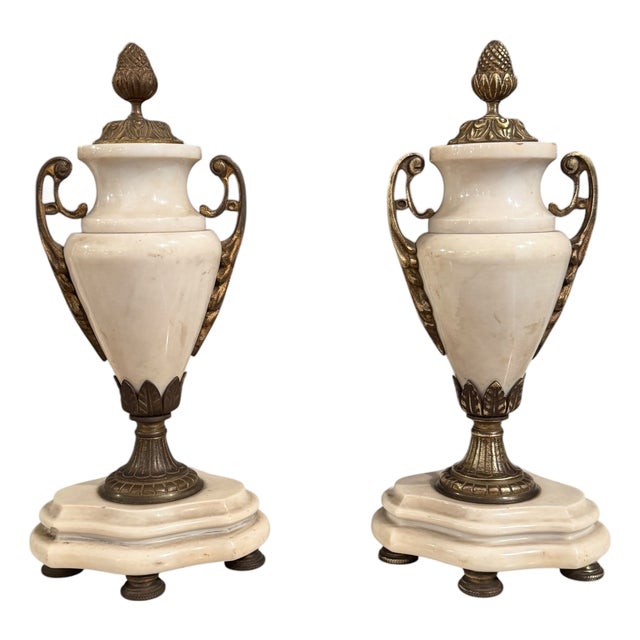 20th Century White Marble and Bronze Vases, Set of 2 For Sale