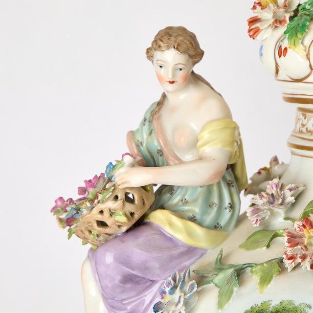 Dresden Porcelain Large Pair Antique Dresden Porcelain Three-Part Lidded Vases / Figural Handles For Sale - Image 4 of 9