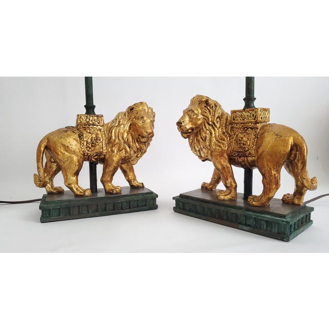 Metal Lamps Gold Leaf Lions & Shades Pair For Sale - Image 7 of 12