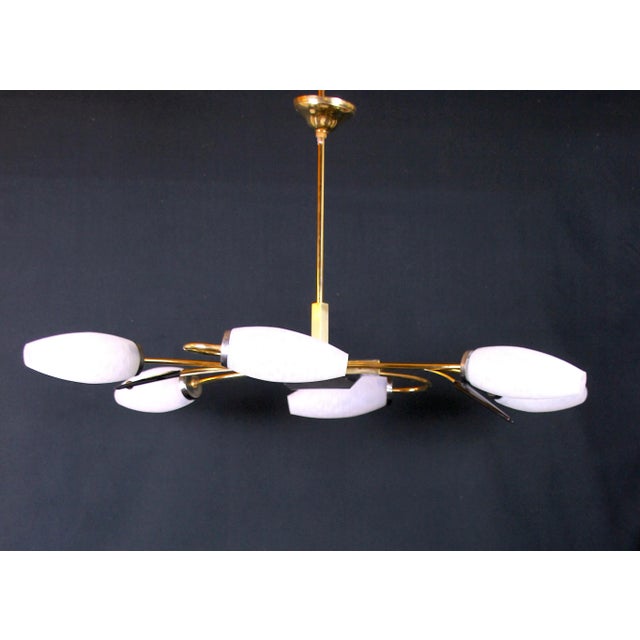 Metal Maison Lunel, Brass Chandelier and Six Opalines Shades, Mid-Century France For Sale - Image 7 of 7
