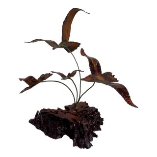 MCM Brutalist Copper and Live Edge Wood Birds in Flight Sculpture For Sale