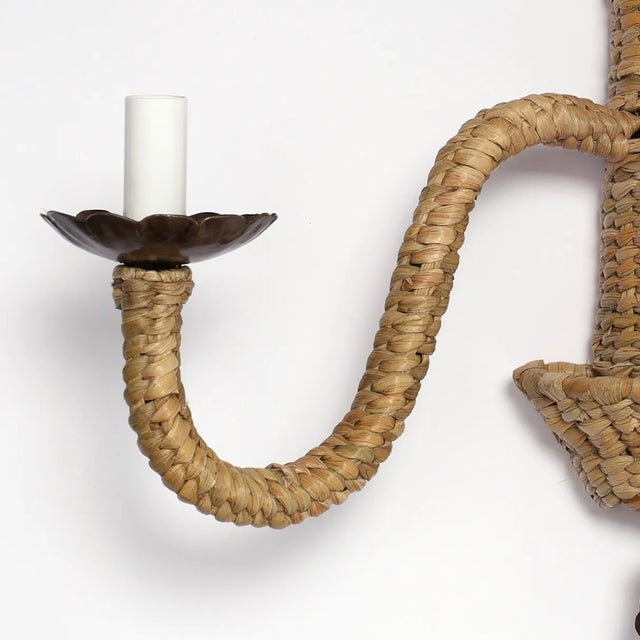 Tan Pair of Woven Reed Palm Tree Wall Sconces From the Fs Flores Collection For Sale - Image 8 of 10