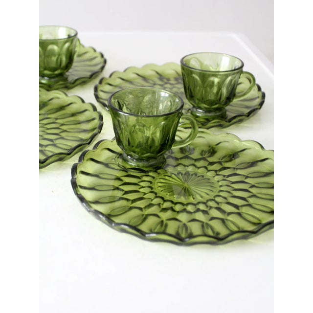 Green Vintage 70s Anchor Hocking Fairfield Snack Plates and Cup Set of 8 For Sale - Image 8 of 12