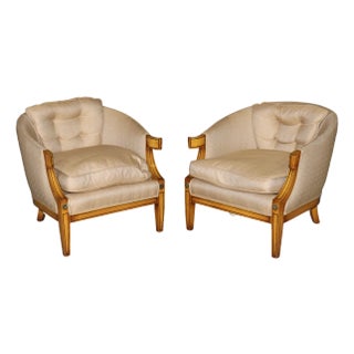 Pair French Art Deco Style Brass and Ebony Inlaid Club Chairs Manner of Burratta For Sale