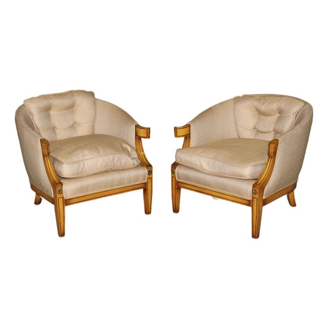 Pair French Art Deco Style Brass and Ebony Inlaid Club Chairs Manner of Burratta For Sale