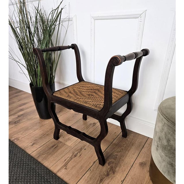 Stylish and beautiful 1960s Mid-Century Modern stool in wood and cord or woven rope, in the style of Audoux Minet with...