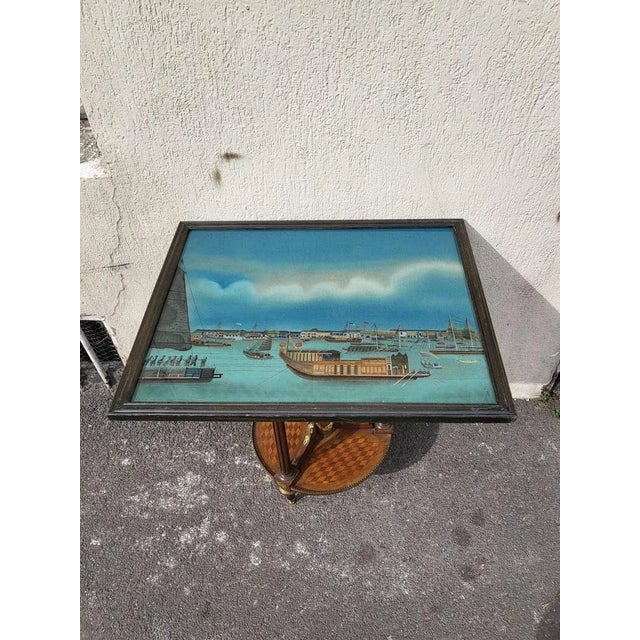 View of a Port in Asia, 20th Century, Reverse Glass Painting For Sale - Image 8 of 13