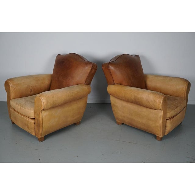 French Club Armchairs with Leather File Mustache Cognac, 1940s, Set of 2 For Sale - Image 9 of 18