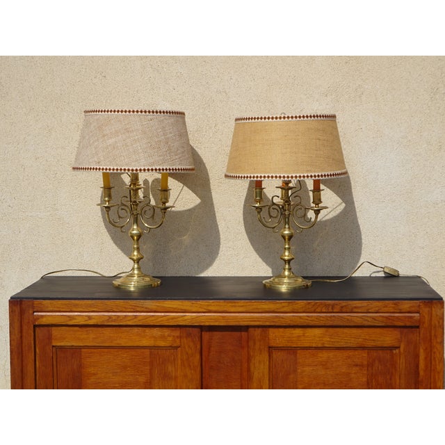 Matching bedside lamps with copper bases, originally a quadruple candlestick from the early 20th century. Wide base (Ø145...