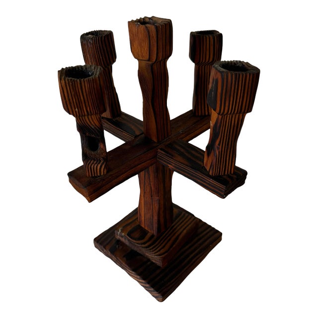 Vintage Hand Carved Wood Five Arms Candelabra/ Sold For Sale