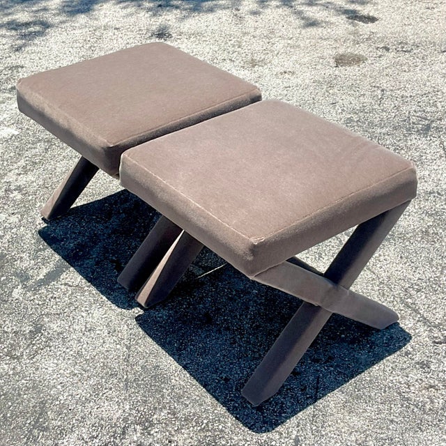 Wood Vintage Contemporary Mohair X Benches - a Pair For Sale - Image 7 of 8