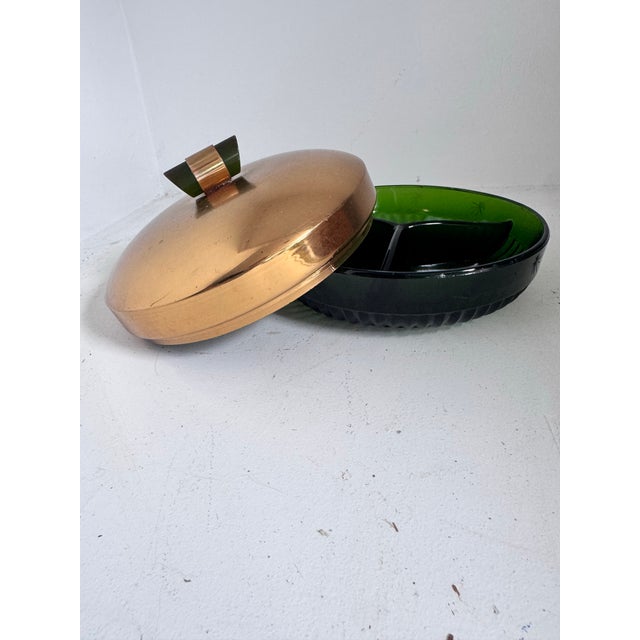 Mid-Century Modern 1940s Mid Century Modern Retro Starburst Green and Brass Divided Candy Dish For Sale - Image 3 of 12