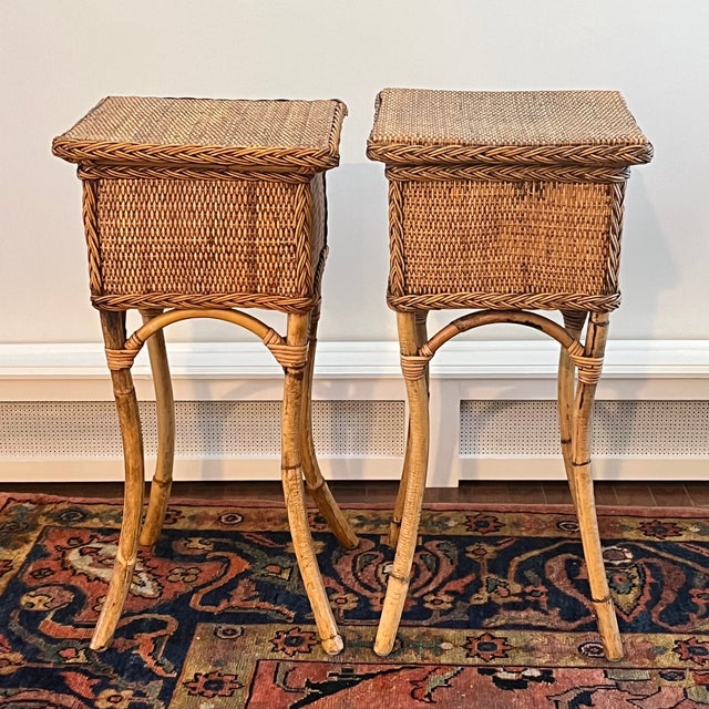 Vintage Coastal Rattan and Wicker Drink Tables - A Pair For Sale - Image 12 of 17