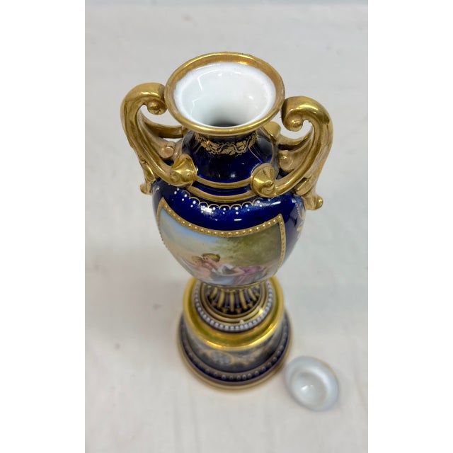 Antique Hand Painted Royal Vienna Porcelain Cobalt Gold Lidded Vase Mini Urn For Sale - Image 13 of 16