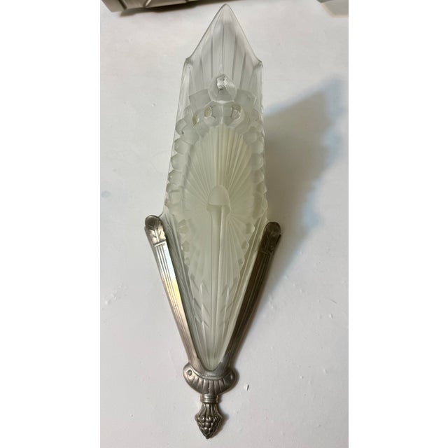 Silver 1920s Pair of French Art Deco Geometric Sconces Signed by Schneider For Sale - Image 8 of 11