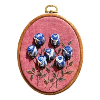3d Rose Stumpwork Embroidery Art, Framed Botanical Sculpture, Handmade Floral Wall Decor For Sale
