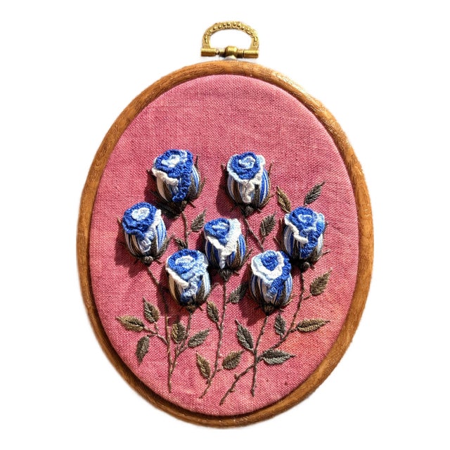 3d Rose Stumpwork Embroidery Art, Framed Botanical Sculpture, Handmade Floral Wall Decor For Sale