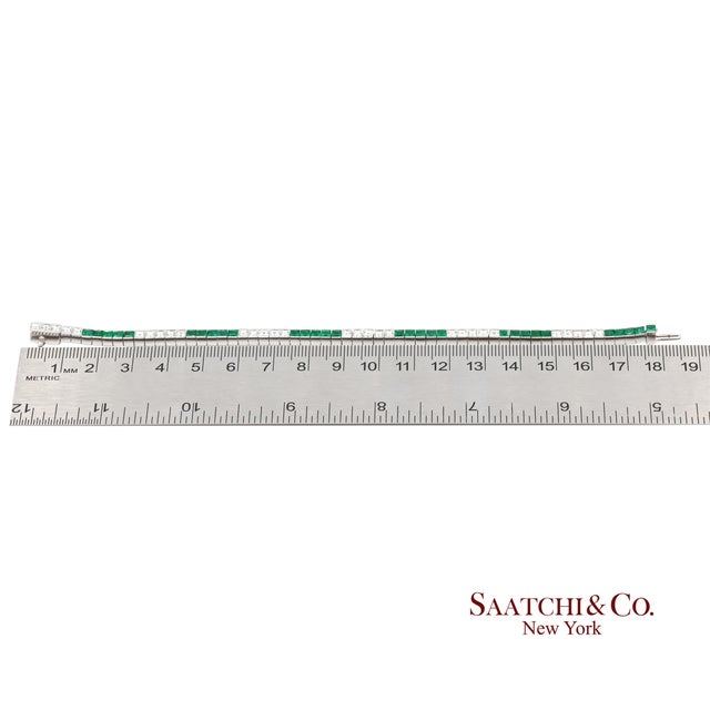 Platinum 950 Custom Made Natural Diamond and Emerald Bezel Tennis Bracelet For Sale - Image 11 of 12